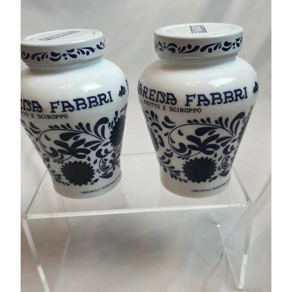 Vintage Fabbri 1905 Amarena Cherry Milk Glass Jars Pair Italian Kitchen Decor